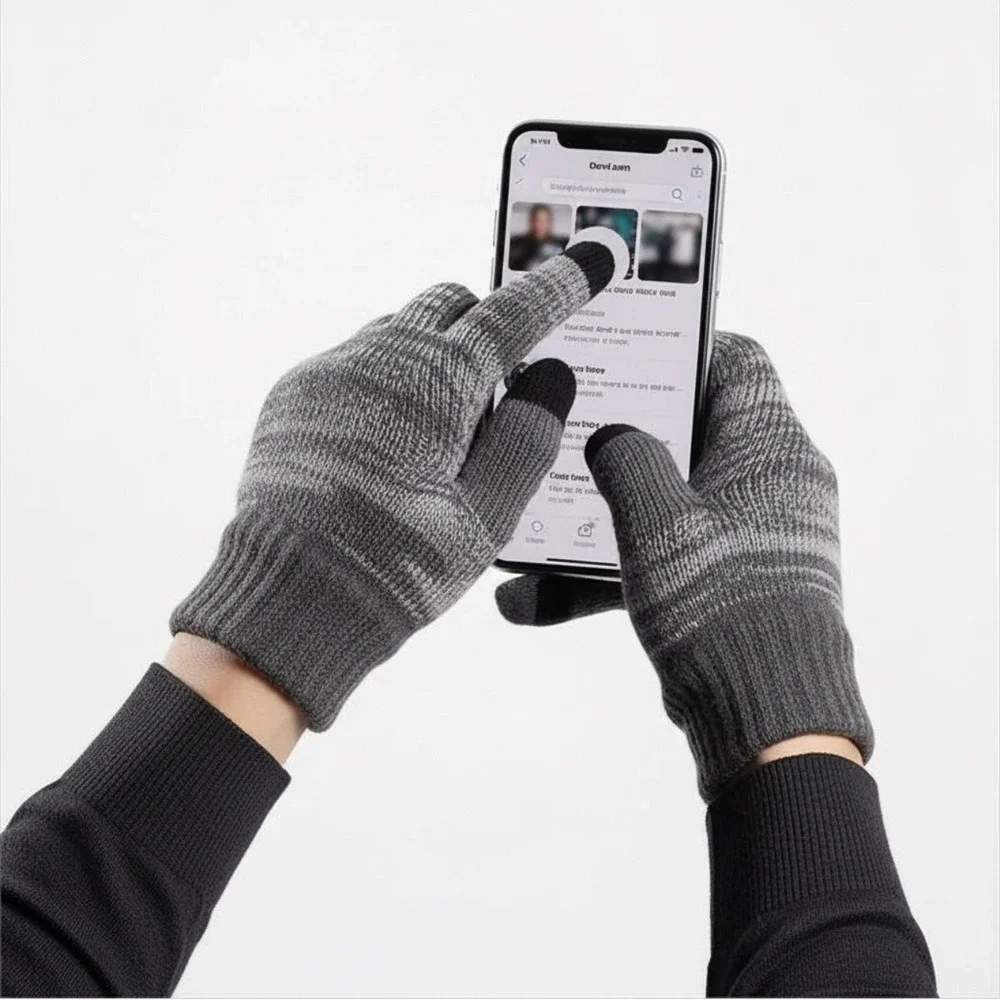 Unisex Winter Cozy‎ GRAY 3pc Set Long Scarf Touchscreen Gloves Beanie Hat Cap